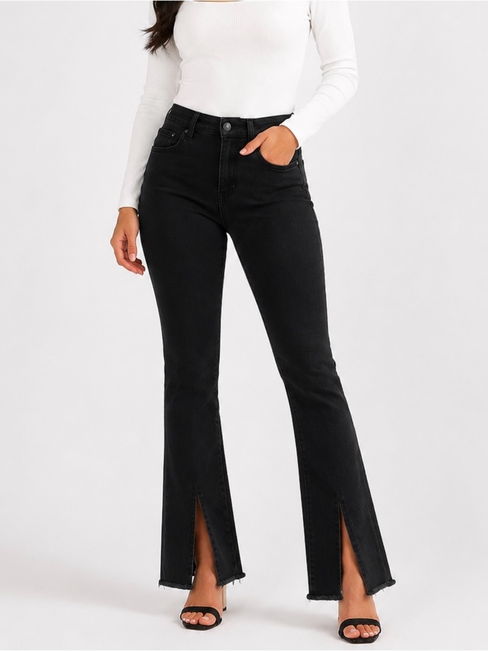 MOTHER Black High-Rise Split-Hem Flare Jeans